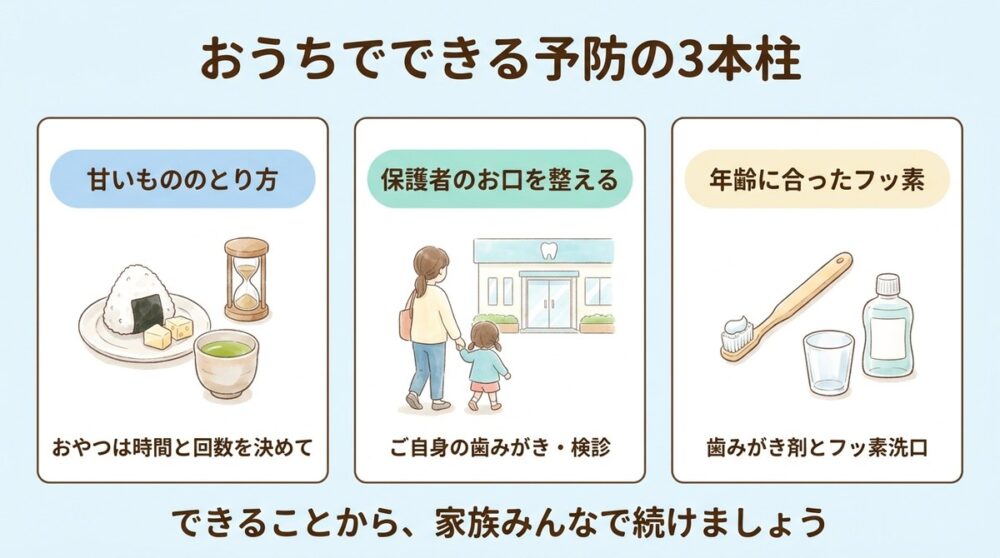おうちでできる予防の3本柱。甘いもののとり方(おやつは時間と回数を決めて)、保護者のお口を整える(ご自身の歯みがき・検診)、年齢に合ったフッ素(歯みがき剤とフッ素洗口)