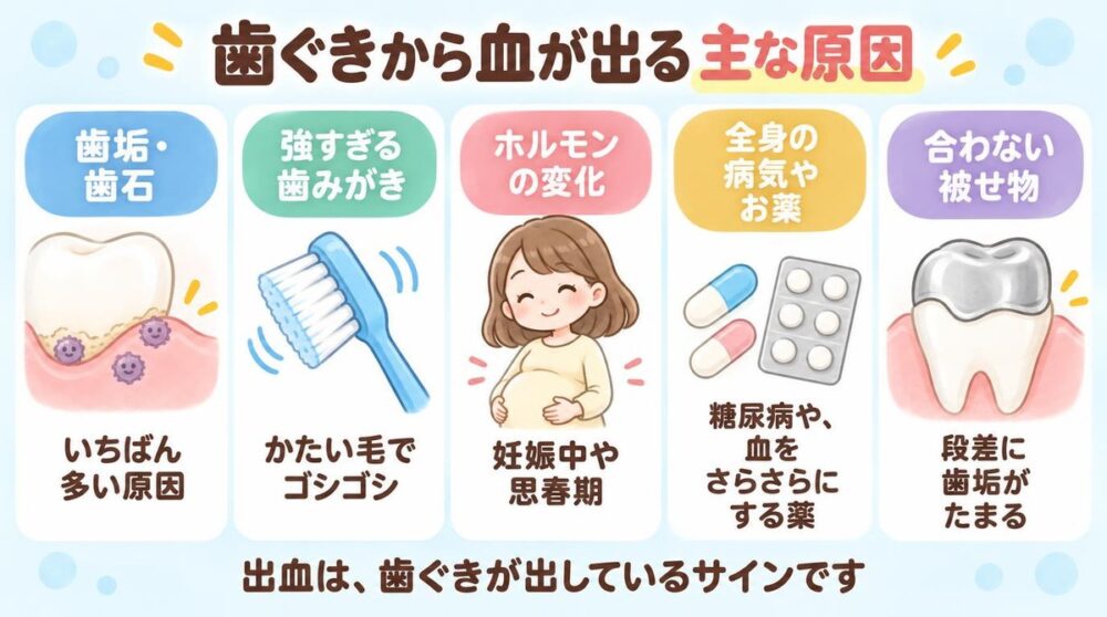 歯ぐきから血が出る主な原因（歯垢・歯石、強すぎる歯みがき、ホルモンの変化、全身の病気やお薬、合わない被せ物）