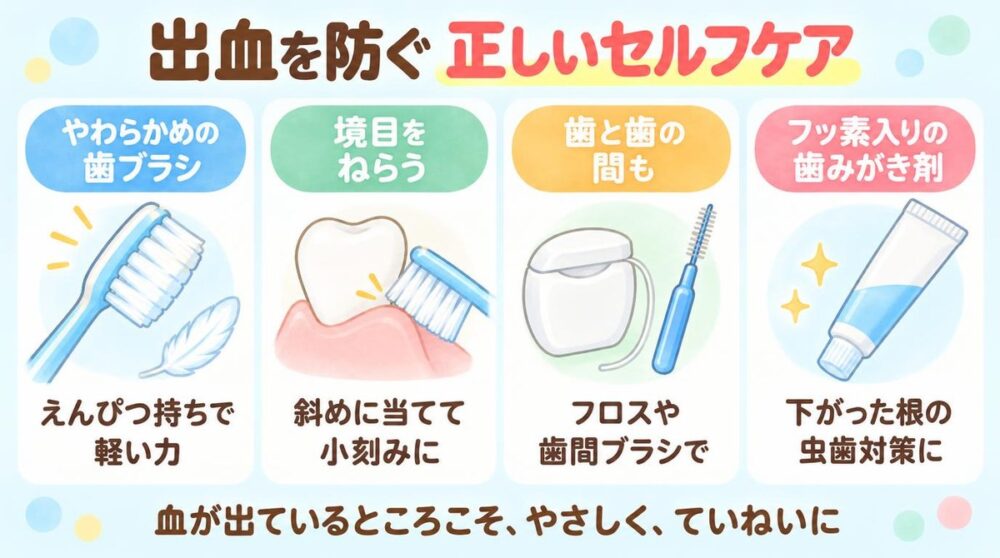 出血を防ぐ正しいセルフケア（やわらかめの歯ブラシ、境目をねらう、歯と歯の間も、フッ素入りの歯みがき剤）