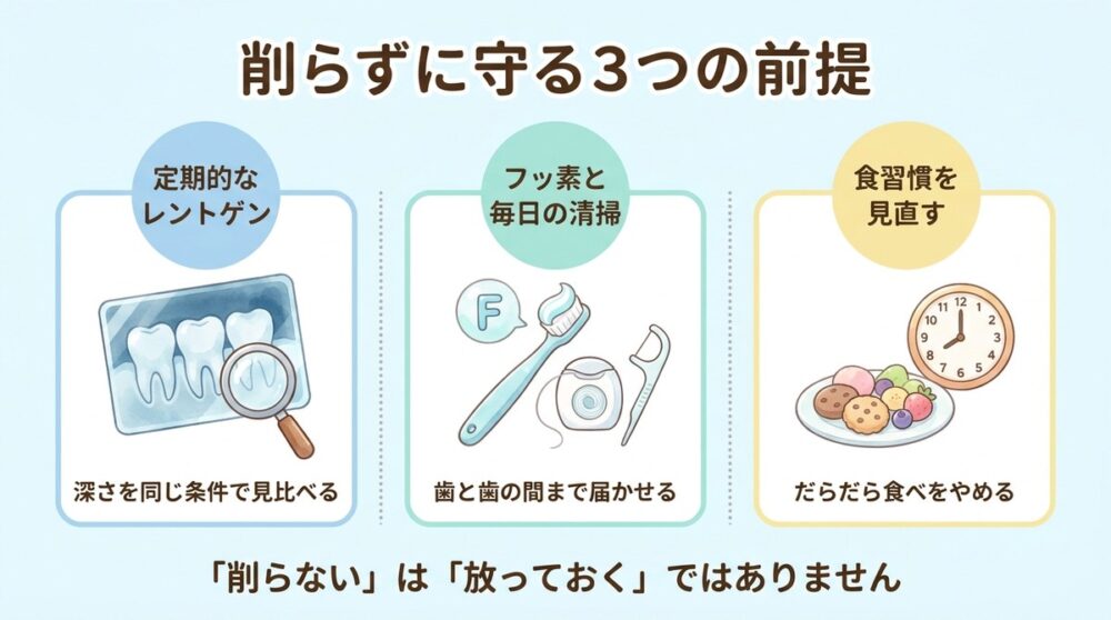 削らずに守る3つの前提。定期的なレントゲン、フッ素と毎日の清掃、食習慣を見直す