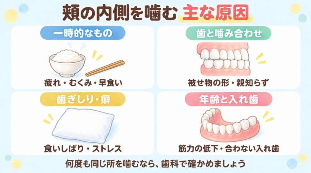 頬の内側を噛む主な原因を4つのカードにまとめた図。一時的な原因、歯と噛み合わせ、歯ぎしりや癖、年齢と入れ歯