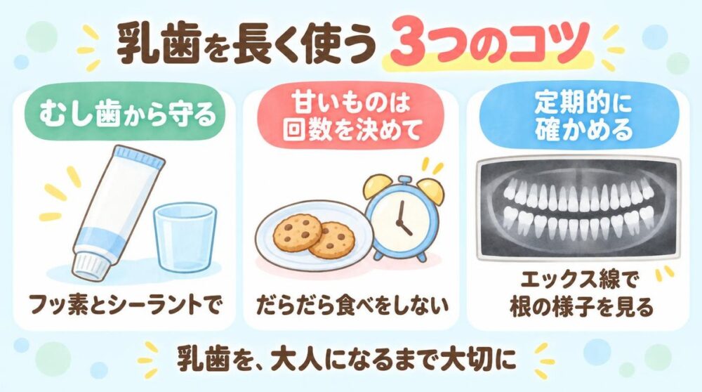 乳歯を長く使う3つのコツ。むし歯から守る（フッ素とシーラント）、甘いものは回数を決めて、定期的にエックス線で確かめる