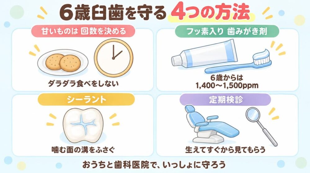 6歳臼歯を守る4つの方法。甘いものは回数を決める、フッ素入り歯みがき剤、シーラント、定期検診