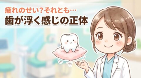 「疲れのせい？それとも… 歯が浮く感じの正体」の文字と、クッションにのった歯のキャラクターを示す歯科医師