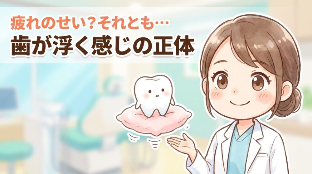 「疲れのせい？それとも… 歯が浮く感じの正体」の文字と、クッションにのった歯のキャラクターを示す歯科医師