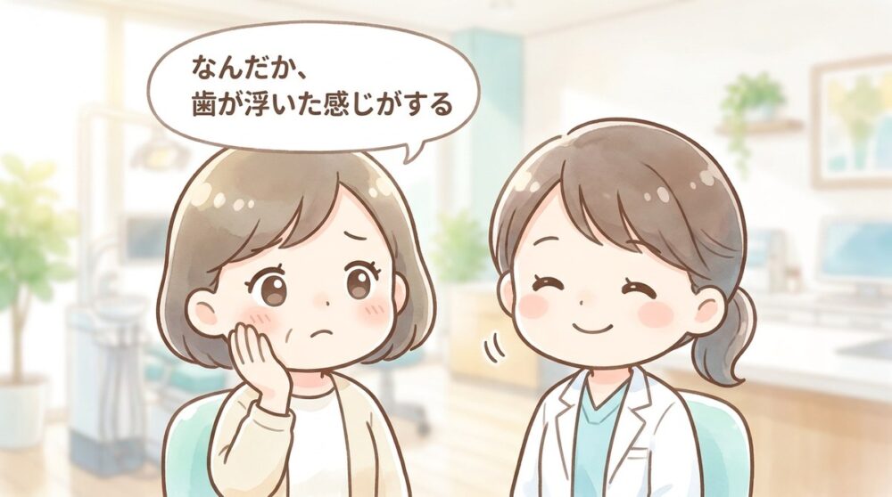 歯科医院で、歯が浮いた感じを歯科スタッフに相談する女性