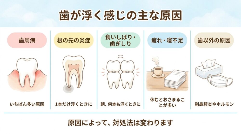 歯が浮く感じの主な原因（歯周病、根の先の炎症、食いしばり・歯ぎしり、疲れ・寝不足、歯以外の原因）
