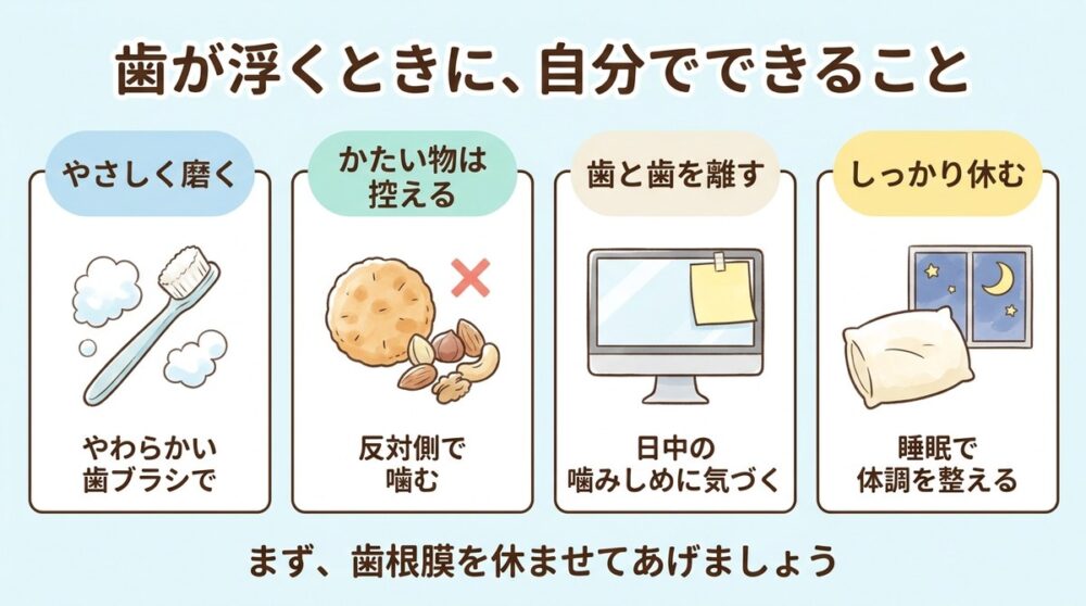 歯が浮くときに自分でできること（やさしく磨く、かたい物は控える、歯と歯を離す、しっかり休む）