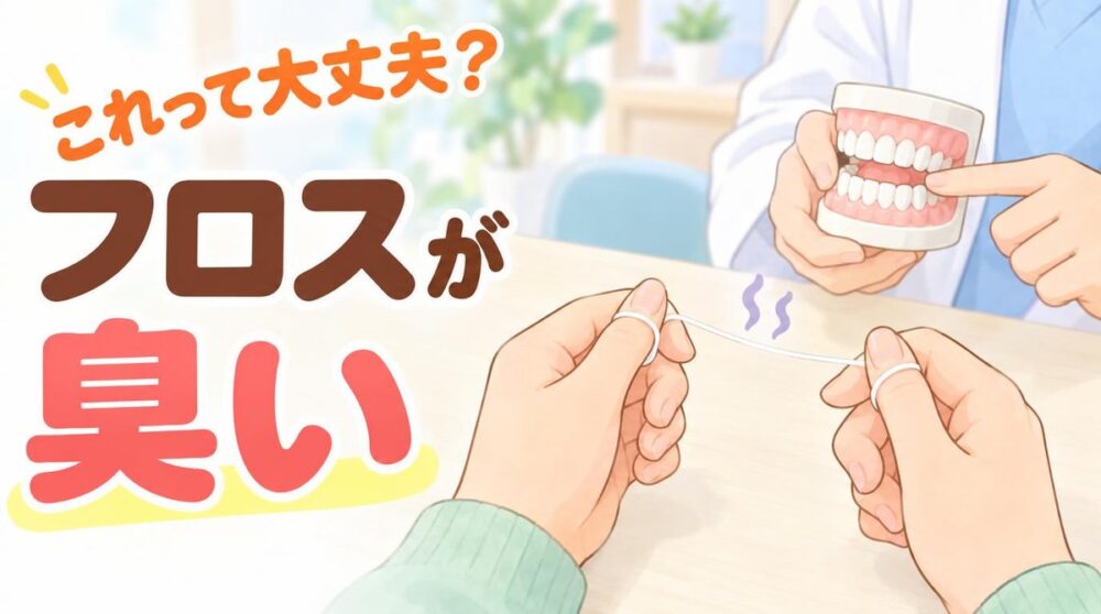 使ったあとのデンタルフロスを持つ手と、歯の模型で説明する歯科衛生士のイラスト。「これって大丈夫？フロスが臭い」の文字