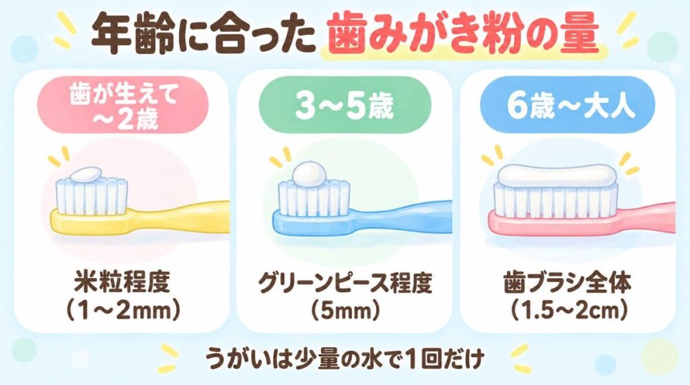 年齢に合ったフッ素入り歯みがき粉の量の図。歯が生えてから2歳は米粒程度、3〜5歳はグリーンピース程度、6歳から大人は歯ブラシ全体。うがいは少量の水で1回だけ