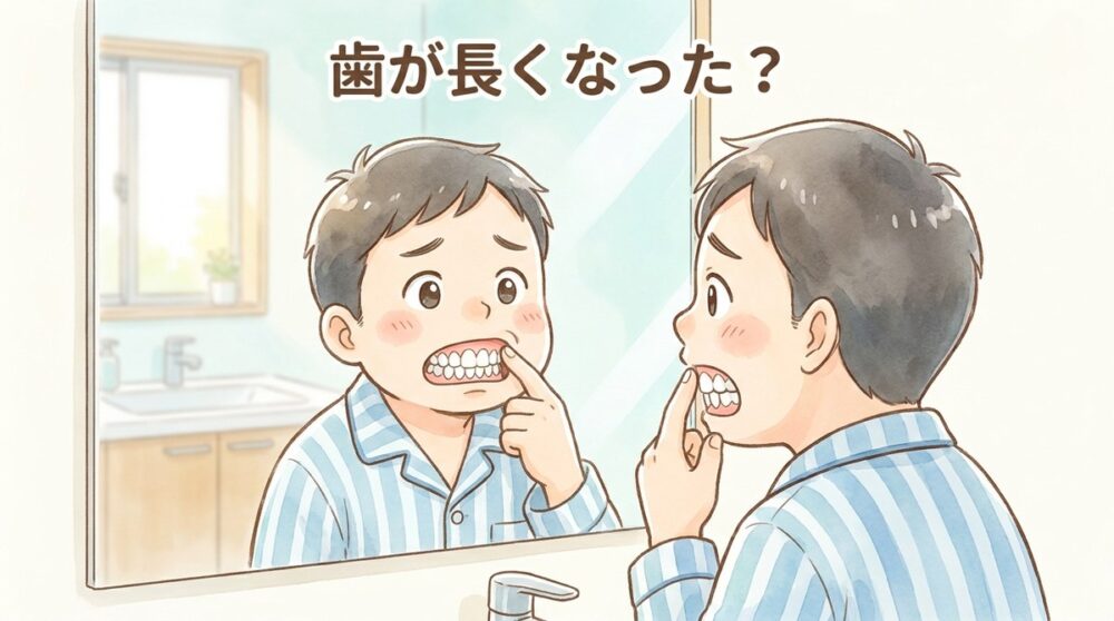 洗面所の鏡で自分の歯の根元を気にしている男性のイラスト