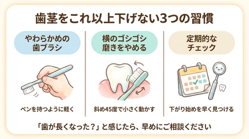 歯茎をこれ以上下げない3つの習慣。やわらかめの歯ブラシ、横のゴシゴシ磨きをやめる、定期的なチェック