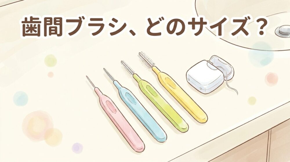 洗面台に並んだ太さの違う歯間ブラシ4本とデンタルフロスのイラスト