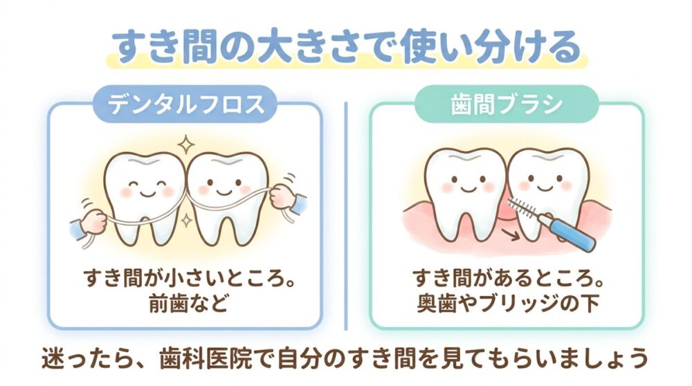 すき間の大きさで使い分ける。すき間が小さいところはデンタルフロス、すき間があるところは歯間ブラシ