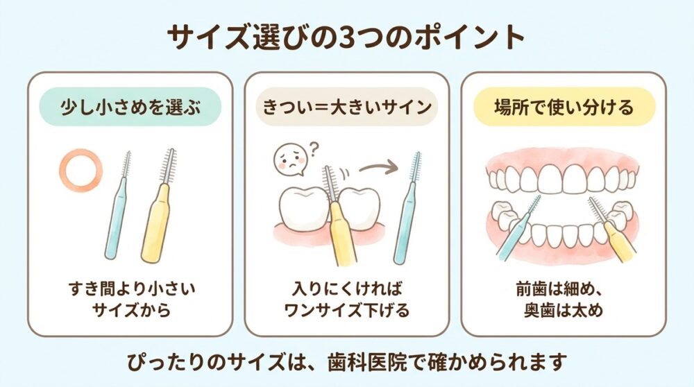 歯間ブラシのサイズ選びの3つのポイント。少し小さめを選ぶ、きついときはワンサイズ下げる、前歯は細め・奥歯は太め