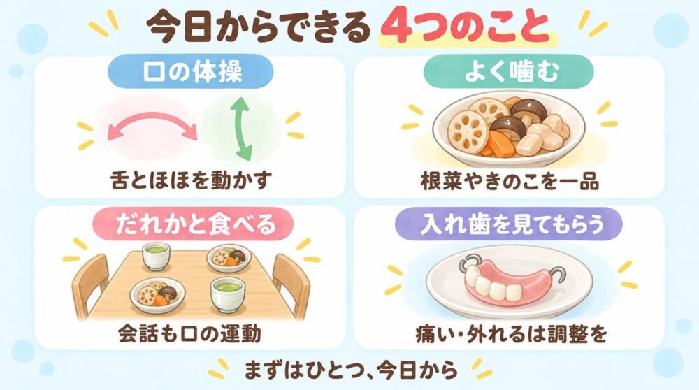 オーラルフレイルを防ぐために今日からできる4つのことの図解