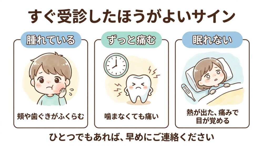 すぐ受診したほうがよいサイン。腫れている、ずっと痛む、眠れない。