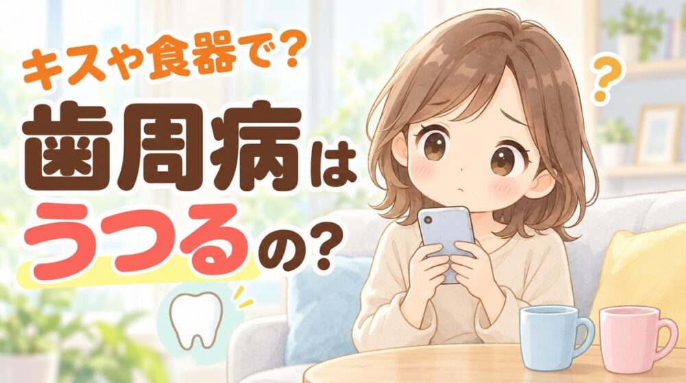 スマートフォンを見ながら、歯周病はうつるのかと心配そうに首をかしげる女性のイラスト