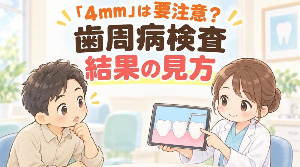 歯科衛生士がタブレットで歯周病検査の結果を説明し、男性の患者さんが話を聞いている絵（「4mm」は要注意？歯周病検査 結果の見方）