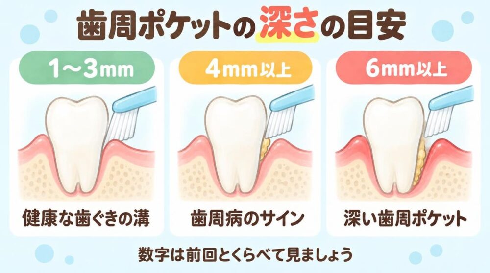 歯周ポケットの深さの目安の図（1〜3mmは健康な歯ぐきの溝、4mm以上は歯周病のサイン、6mm以上は深い歯周ポケット）