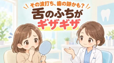 舌のふちのギザギザを手鏡で見て不安そうな女性に、歯科衛生士が話しかけているイラスト