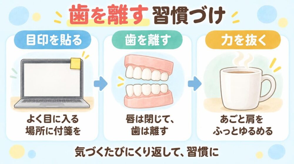 歯を離す習慣づけの3つのステップ。目印を貼る、歯を離す、力を抜く