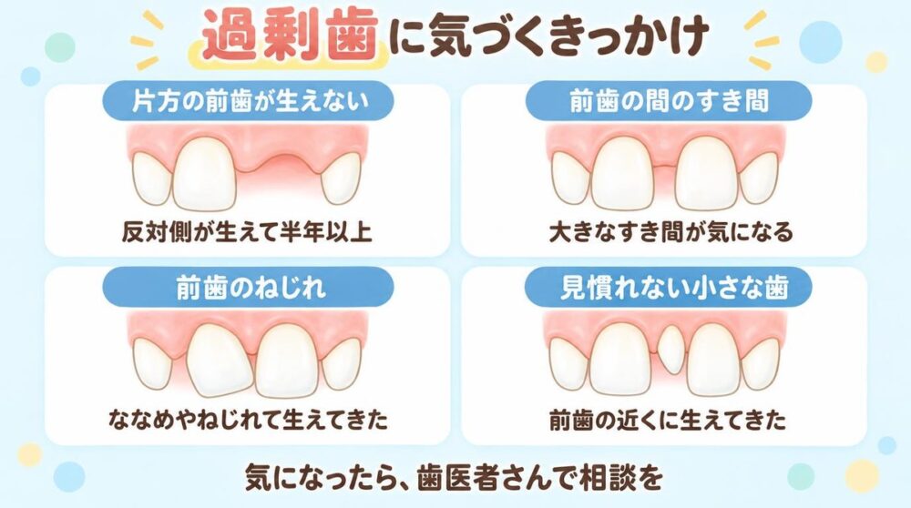 過剰歯に気づくきっかけ:片方の前歯が生えない、前歯の間のすき間、前歯のねじれ、見慣れない小さな歯
