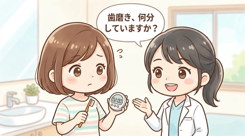 歯ブラシとタイマーを持って首をかしげる女性と、話しかける歯科スタッフのイラスト
