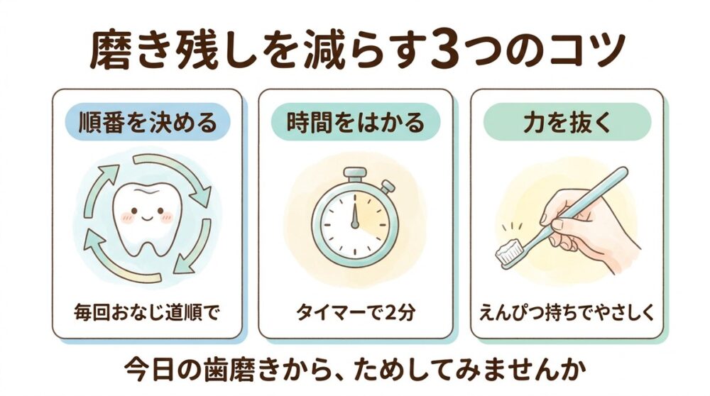 磨き残しを減らす3つのコツ。順番を決める、時間をはかる、力を抜く