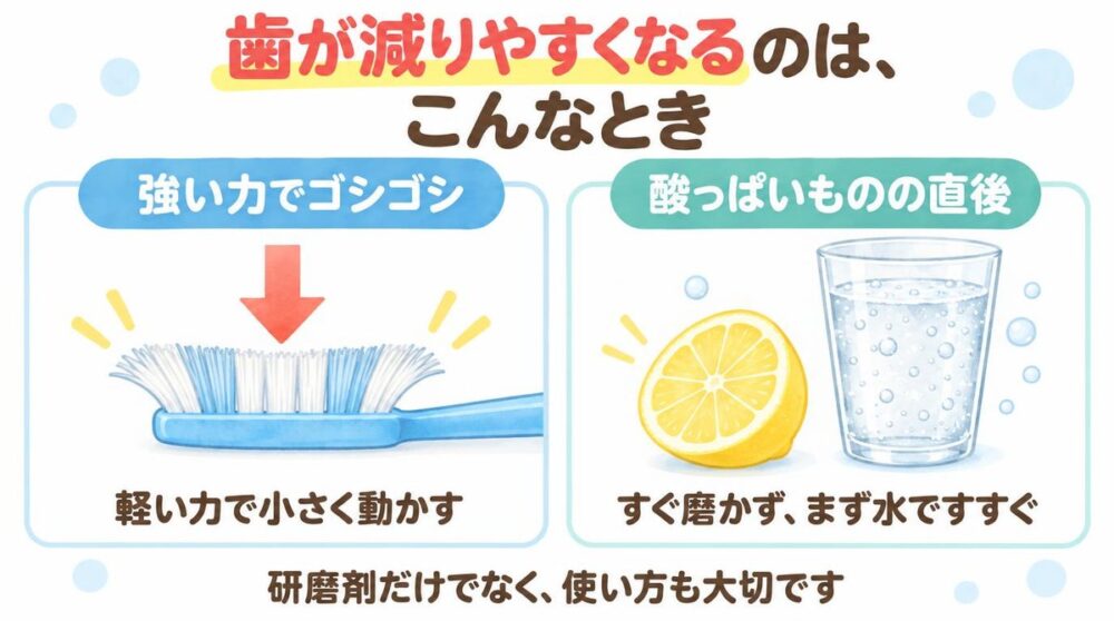 歯が減りやすくなる2つの場面の図解。強い力でゴシゴシ磨くときと、酸っぱいものの直後
