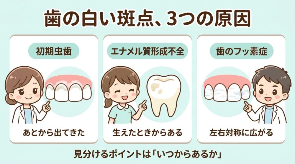 歯の白い斑点の3つの原因。初期虫歯はあとから出てきた、エナメル質形成不全は生えたときからある、歯のフッ素症は左右対称に広がる