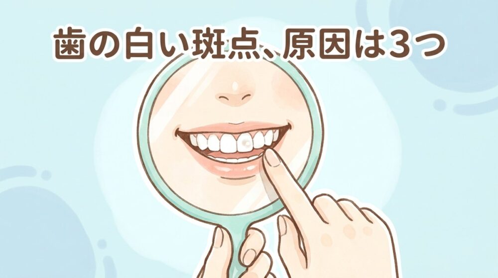 手鏡に映った前歯の小さな白い斑点を指さしているイラスト