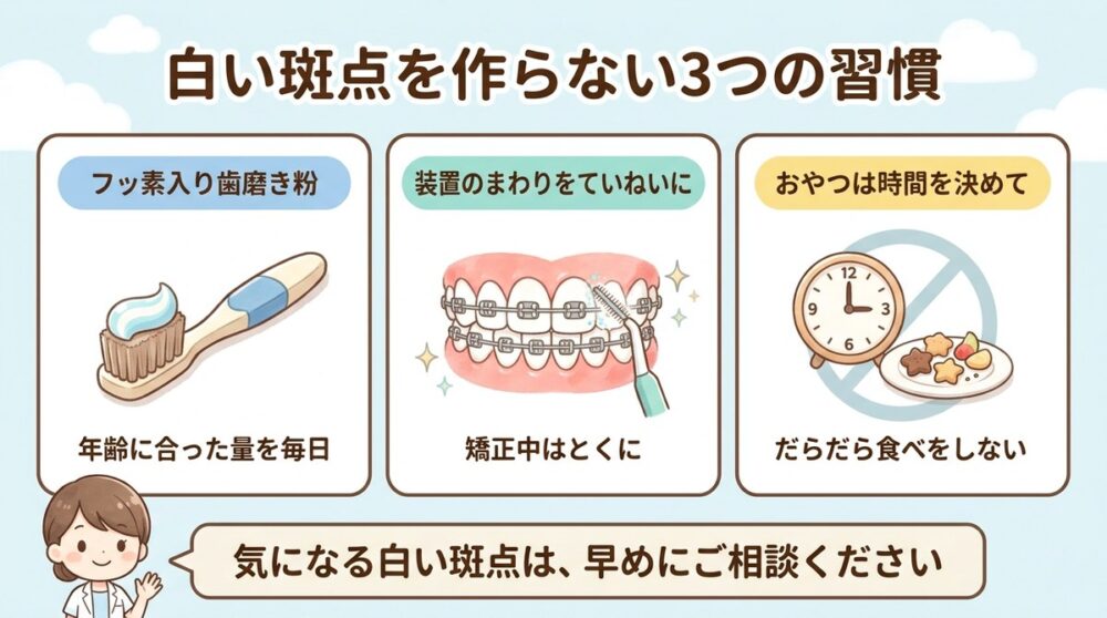 白い斑点を作らない3つの習慣。フッ素入り歯磨き粉、装置のまわりをていねいに、おやつは時間を決めて